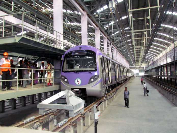 New six coach metro train in Salt Lake depot of Kolkata Metro