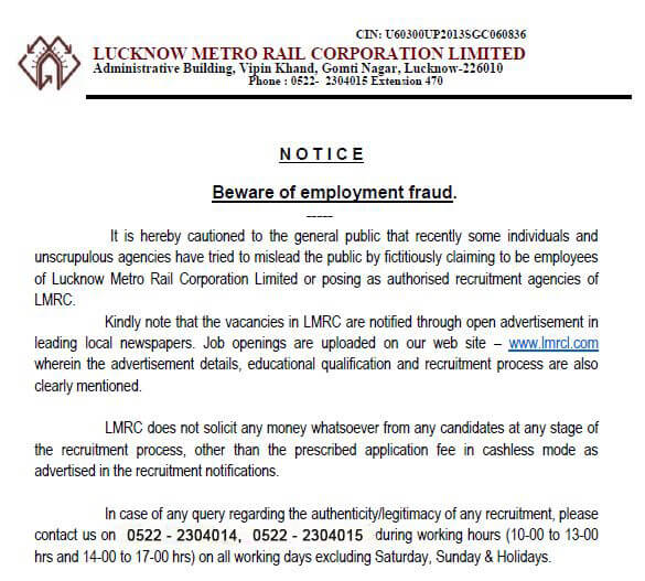 Lucknow Metro Job Alert