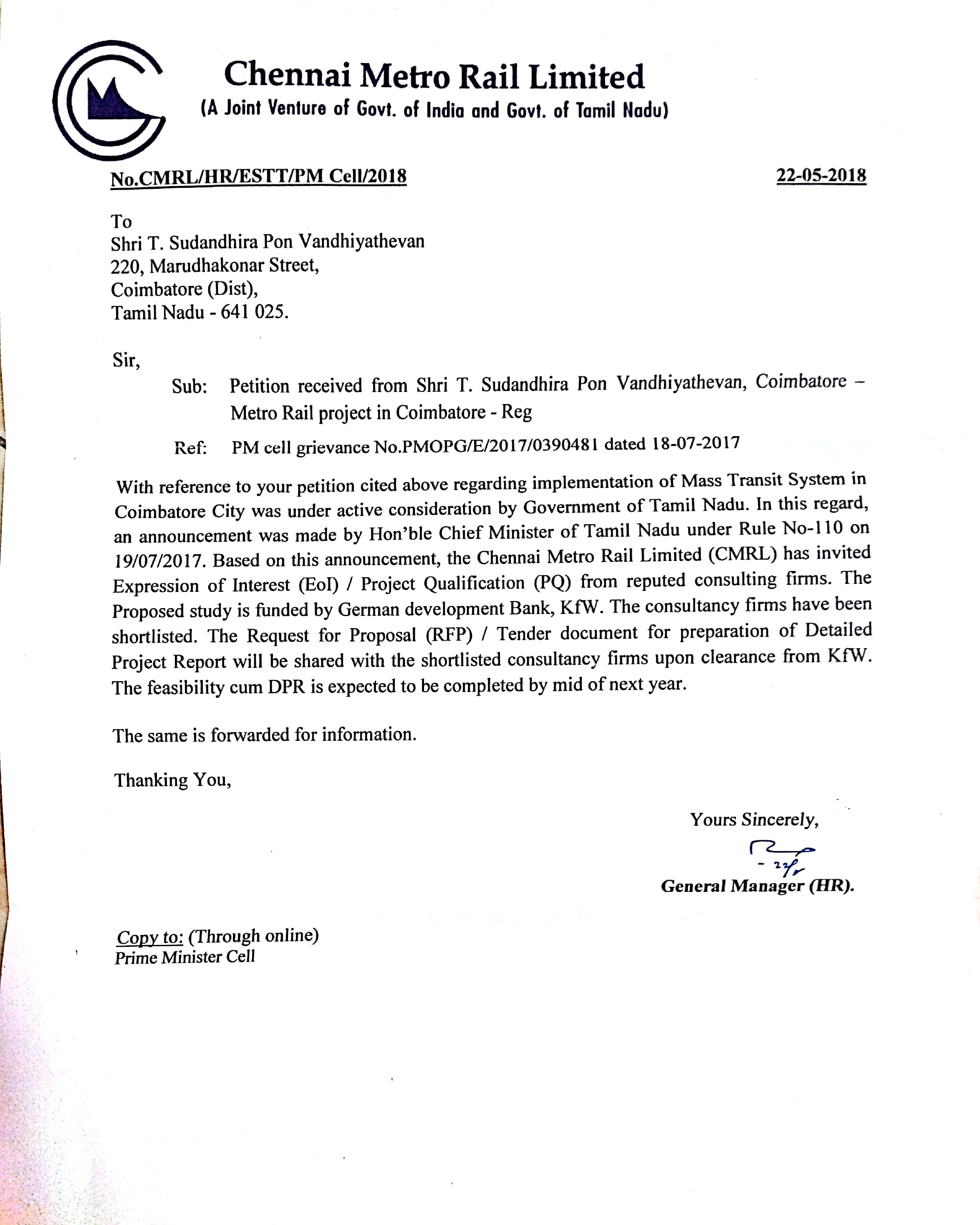 Reply received from Chennai Metro Rail Ltd against a Petition