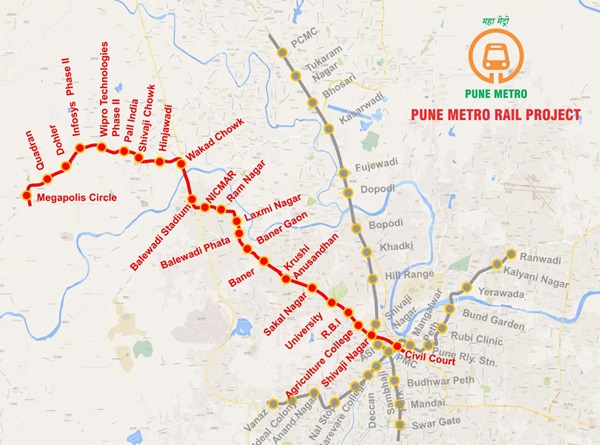 Approved route map of Pune Metro Rail Project