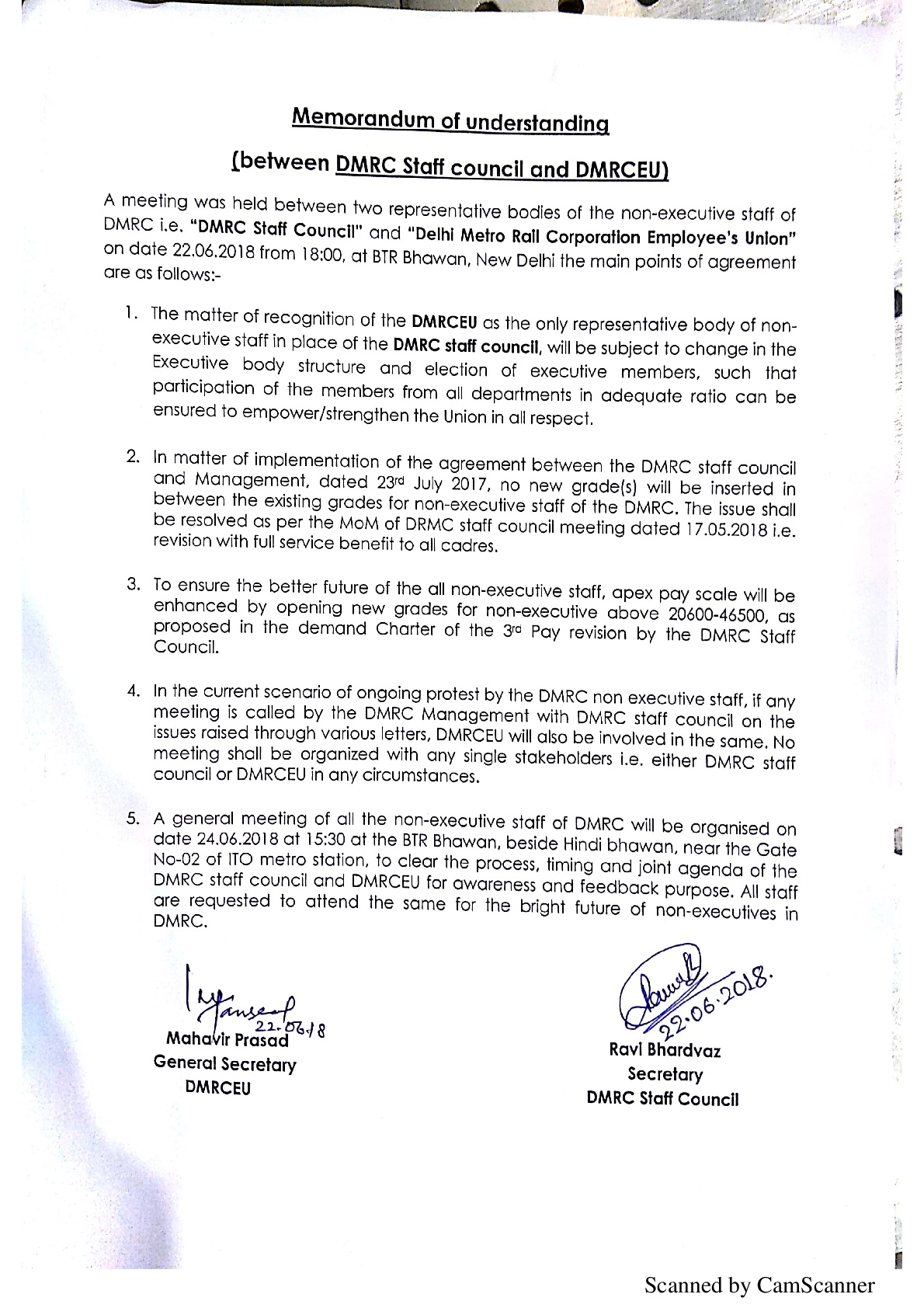 Memorandum of understanding signed between Staff Council and DMRC Employees Union 