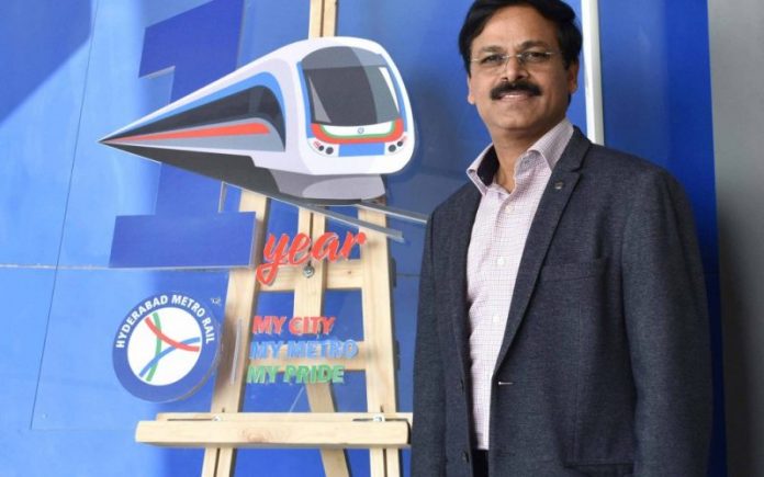 L&T Metro Rail (Hyderabad) Ltd Managing Director KVB Reddy unveiled the first anniversary logo