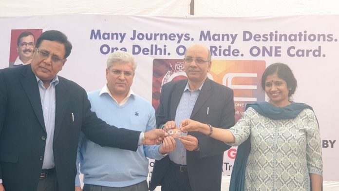 Transport Minister Kailash Gahlot with transport commissioner Varsha Joshi and DMRC managing director Mangu Singh launching the new common mobility card titled ‘ONE’ in New Delhi on Monday