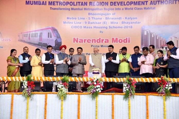 PM Narendra Modi lays foundation stone of two metro corridors — Thane-Bhiwandi-Kalyan Metro&Dahisar-Mira-Bhayander Metro and CIDCO housing scheme in Maharashtra. PM Narendra Modi lays foundation stone of two metro corridors — Thane-Bhiwandi-Kalyan Metro&Dahisar-Mira-Bhayander Metro and CIDCO housing scheme in Maharashtra.