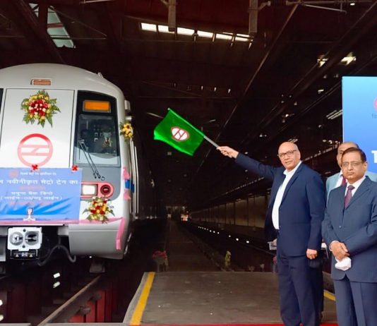DMRC MD Mangu Singh unveils first refurbished train at Yamuna Bank depot today.