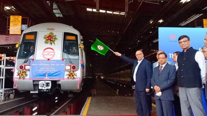DMRC MD Mangu Singh unveils first refurbished train at Yamuna Bank depot today.