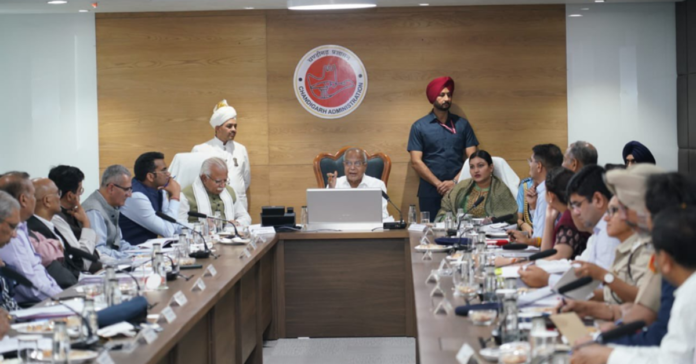A photo of Banwari Lal Prohit, Governor of Punjab and UT Administrator, CM Haryana ML Khattar, and Punjab Minister Anmol Gagan Mann taken during a meeting at the New Building of UT Secretariat /Photo via Twitter