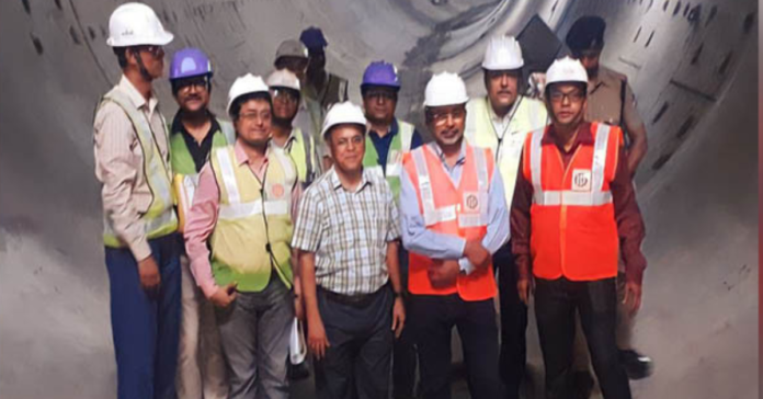 Shri P Uday Kumar Reddy, general manager of Metro Railway inspect the cave- In site along with other metro officials