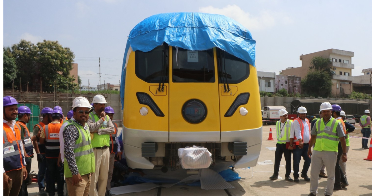 The first trainset for Bhopal–Indore metro projects built by Alstom being unloaded at the Indore Depot